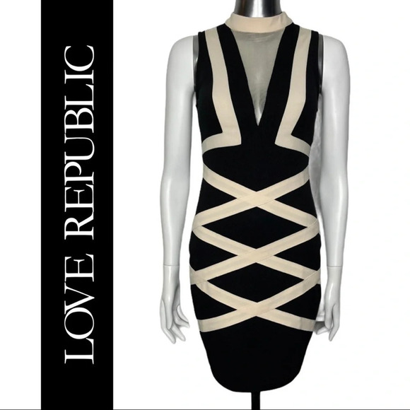 🛍️3/$40 Love Republic Sleeveless Dress Criss Cross Dress Black Cream Small - Picture 1 of 6